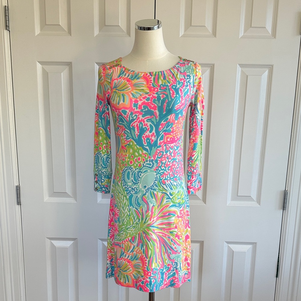 Lily Pulitzer Sophie Coral Bay Jersey Knit Gold Buttons Mini Shirt Dress Size XS